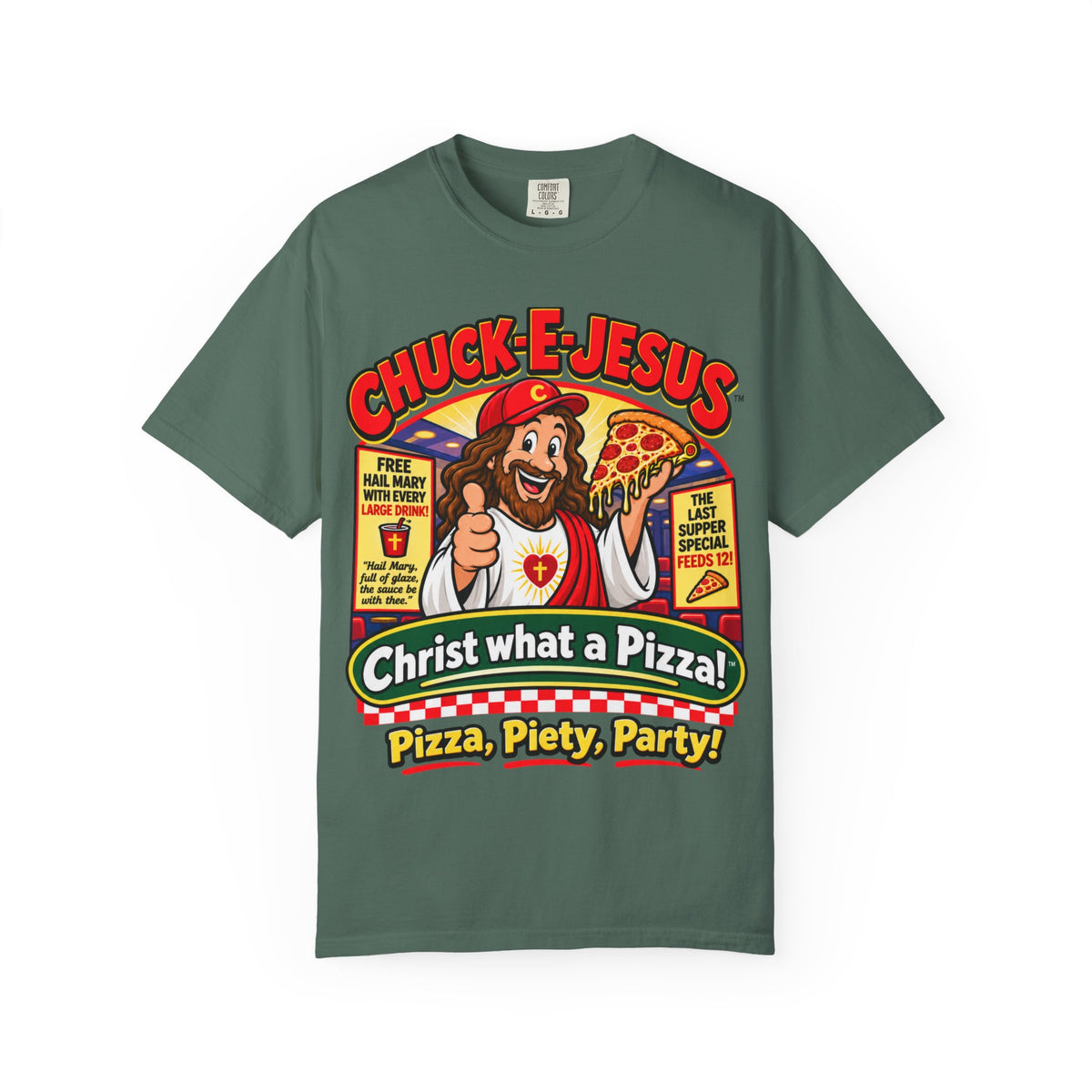 Chuck-E-Jesus – Christ What a Pizza! Funny Graphic T-Shirt